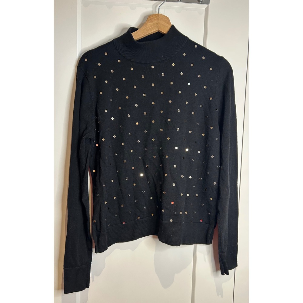 Michael Kors Black Mock Neck Studded Sweater Silver Embellished Long Sleeve Top